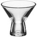 A clear Acopa Pangea martini glass with a triangular base.