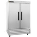 A silver Traulsen reach-in refrigerator with two doors.