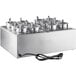 A silver rectangular stainless steel ServIt countertop food warmer with several pots and lids on top.