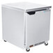A Beverage-Air worktop freezer with a flat top on wheels.