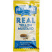 A yellow and blue Hellmann's mustard packet with white text.