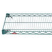 A Metroseal 3 wire shelf with a green finish and metal frame.
