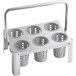 A stainless steel flatware carrier with 6 gray plastic perforated cylinders on a white background.