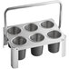 A stainless steel flatware carrier with six black solid cylinders.