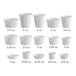 A row of white Genpak paper souffle cups with measurements on the side.