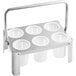 A stainless steel flatware carrier with 6 white perforated cylinders on a metal tray.