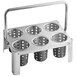 A stainless steel flatware carrier with 6 black stainless steel perforated cylinders.