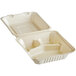 A white Footprint Bagasse take-out container with three compartments.