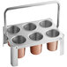 A stainless steel flatware carrier with six copper cylinders inside.
