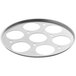 A circular aluminum pan with 7 holes in it.