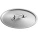 A silver domed aluminum lid with a handle.