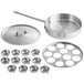 A stainless steel egg poacher pan with a lid and 12 metal cups inside.