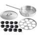 A stainless steel pan with a black handle, lid, and 12 non-stick cups.