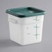 A white Vigor square polyethylene food storage container with a green lid.
