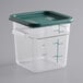 A Vigor translucent square polypropylene food storage container with a green lid.