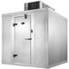 A large metal walk-in cooler with a white door and metal handle.