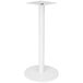 A white metal BFM Seating Uptown table base with a white pole and round top.