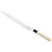 A Mercer Culinary sashimi knife with a wooden handle and black blade.