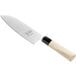 A Mercer Culinary Santoku knife with a wooden handle.