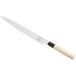 A Mercer Culinary Sashimi Knife with a wood handle and white blade.