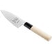 A Mercer Culinary Deba knife with a wood handle and white blade.