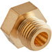 A brass threaded male fitting with a gold nut.