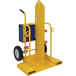 A yellow and blue Vestil welding torch and cylinder cart with 16" wheels.