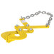 A yellow steel Vestil pallet puller with a chain attached to it.