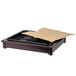 A Cal-Mil Westport carving station kit with a dark wood frame and brown surface on a table.