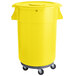 A yellow mobile ingredient storage bin with a lid on wheels.