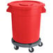 A red plastic bin with wheels and a lid.