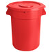 A red plastic 32 gallon ingredient storage bin with lid.