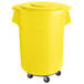 A yellow mobile ingredient storage bin with a lid and wheels.