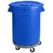 A blue plastic bin on wheels with a lid.