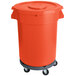An orange mobile ingredient storage bin with a lid on wheels.