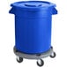 A blue plastic bin on a white background with wheels.