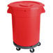A red mobile ingredient storage bin with a lid on wheels.
