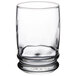 A clear Libbey water glass with a black rim.