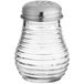 A clear glass Tablecraft salt shaker with a chrome plated top.