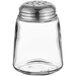 A Tablecraft clear glass cheese shaker with a chrome plated lid.
