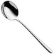 A WMF silver stainless steel round bowl soup spoon with a long handle.