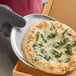 A Choice aluminum coupe pizza pan with a pizza on it.