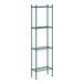 A green metal Regency shelving unit with four wire shelves.