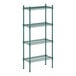 A green wire Regency shelving unit with four shelves.