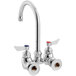 A silver Waterloo wall mount faucet with two silver handles and a gooseneck spout.