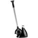 A black and silver simplehuman toilet plunger with a dome shaped cover.