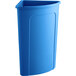 A blue plastic Lavex corner round trash can with a lid.