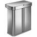 A silver rectangular simplehuman trash can with a lid.