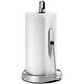 A simplehuman tension arm paper towel holder with a stainless steel roll holder and white tension arm.