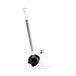 A white and black toilet plunger in a white and black round cover.